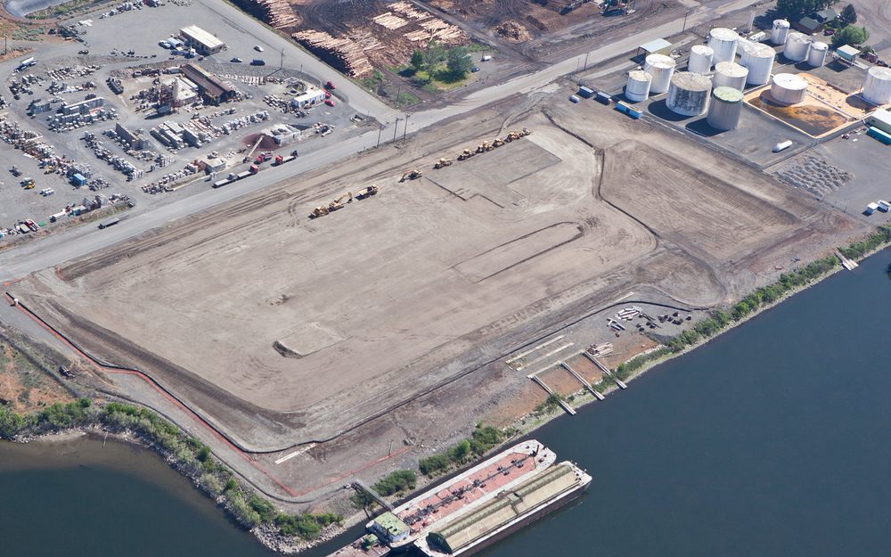Aerial view of a WCI industrial sitework project on the river at Lewiston, Idaho